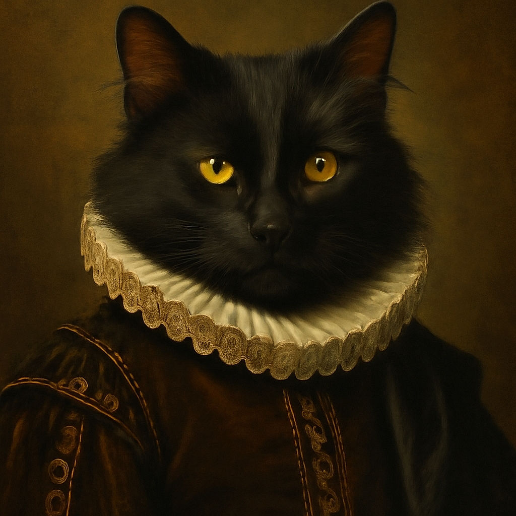 A majestic black cat with glowing yellow eyes lounges comfortably, showing off its fluffy fur and a relaxed paw in the foreground, basking in soft natural light.