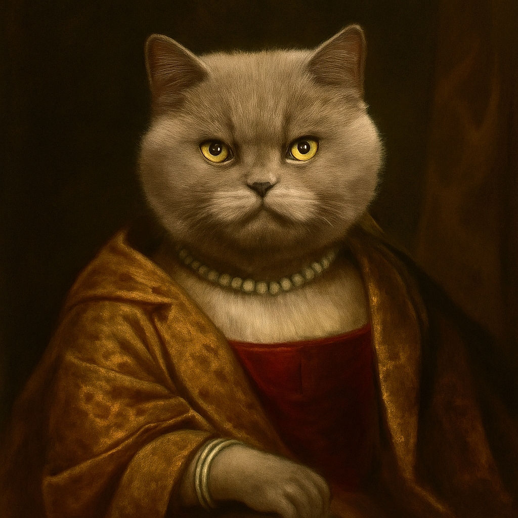 A fluffy gray cat lounges on a shiny tiled floor, looking relaxed and slightly curious, with a softly blurred background featuring a door and warm-colored walls.