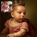 A curious baby wearing a pink shirt with red cherries is lying on a brown leather couch, looking intently to the side with big expressive eyes. An adult, partially visible, supports the baby in the background, creating a cozy and warm home atmosphere.