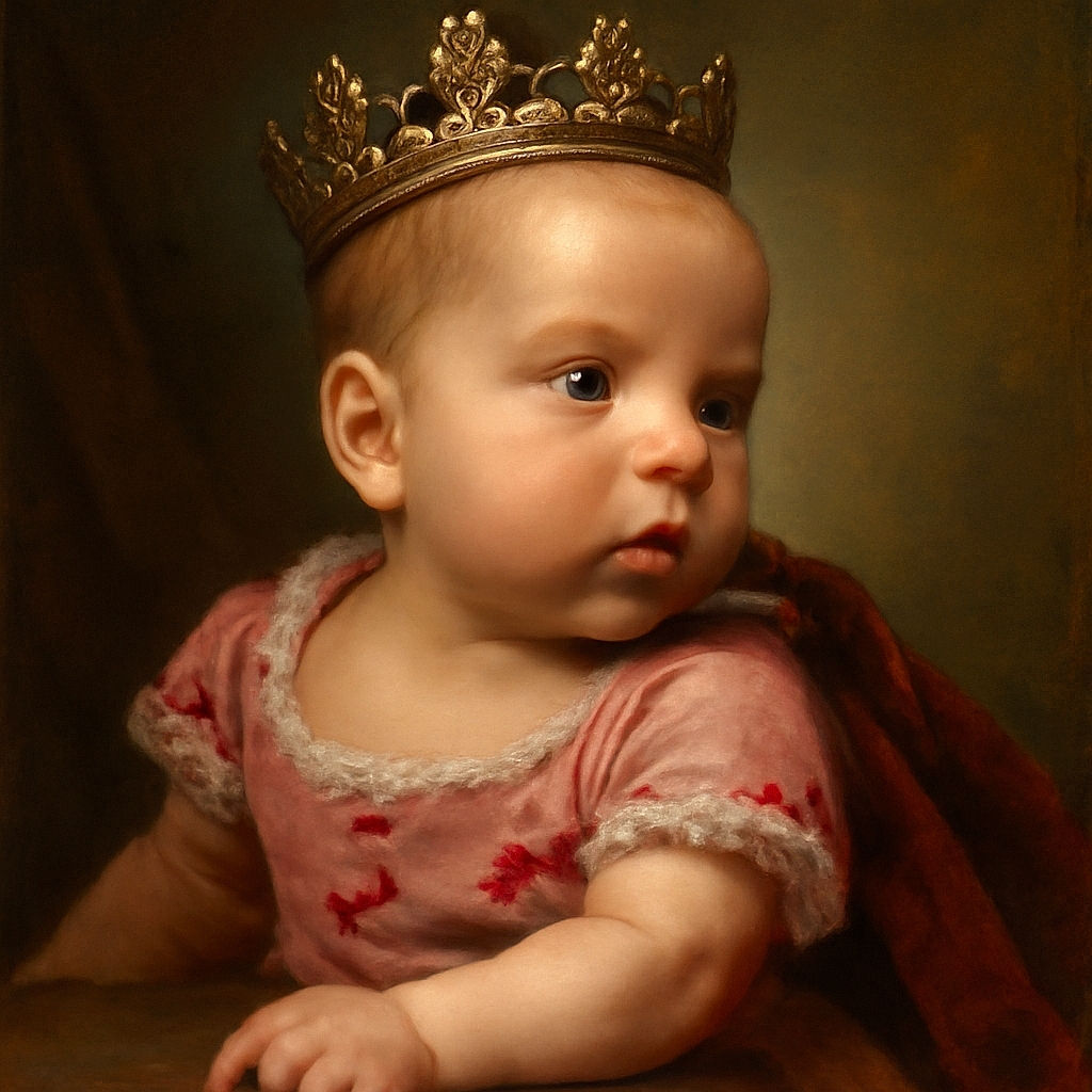 A curious baby wearing a pink shirt with red cherries is lying on a brown leather couch, looking intently to the side with big expressive eyes. An adult, partially visible, supports the baby in the background, creating a cozy and warm home atmosphere.