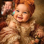 A chubby-cheeked baby with a big smile and a cute bow headband reaches towards the camera, radiating pure joy and curiosity, surrounded by colorful toys and soft lighting.