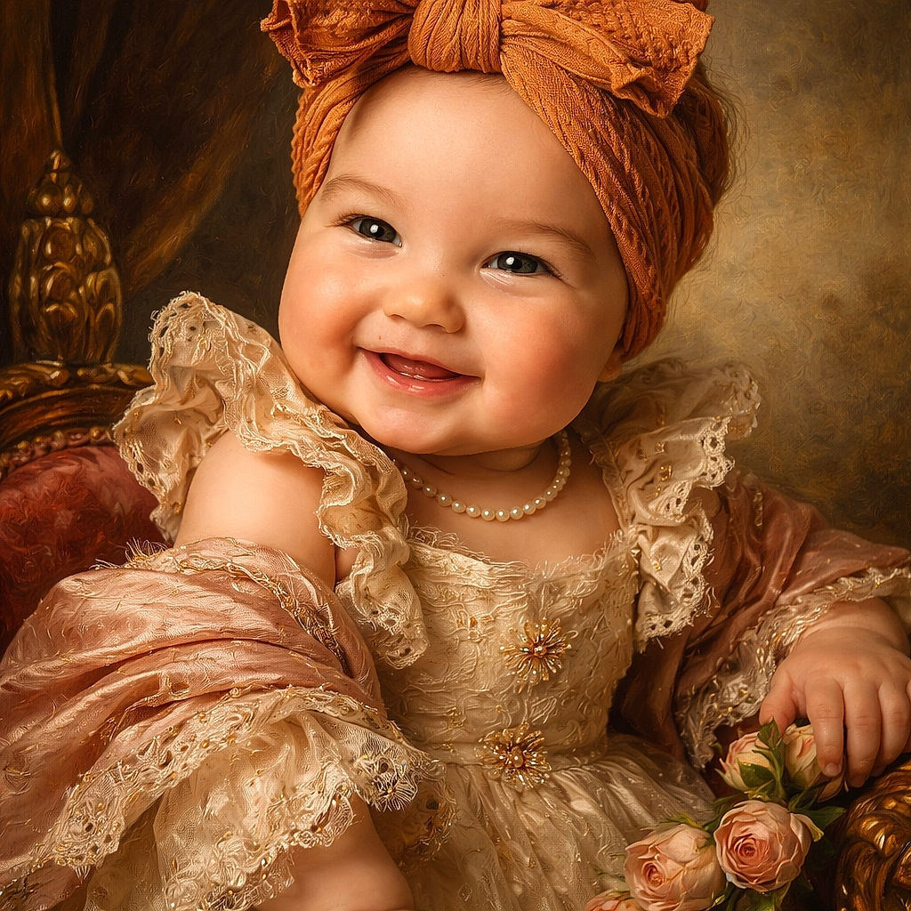A chubby-cheeked baby with a big smile and a cute bow headband reaches towards the camera, radiating pure joy and curiosity, surrounded by colorful toys and soft lighting.