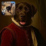 A happy black dog wearing a pinkish shirt stands on a wooden floor indoors, looking up with its tongue out as if ready for a walk or a treat. The dog's leash lays loosely on the floor next to a person wearing blue shoes. The scene is warmly lit with natural light coming from a window in the background.