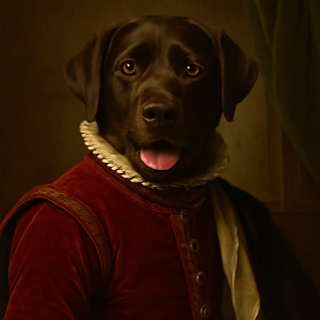 A happy black dog wearing a pinkish shirt stands on a wooden floor indoors, looking up with its tongue out as if ready for a walk or a treat. The dog's leash lays loosely on the floor next to a person wearing blue shoes. The scene is warmly lit with natural light coming from a window in the background.