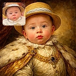 A close-up of a chubby-cheeked baby wearing a straw hat and a white shirt, looking curiously at the camera with a slightly pouty expression, surrounded by warm tones and cozy textures.