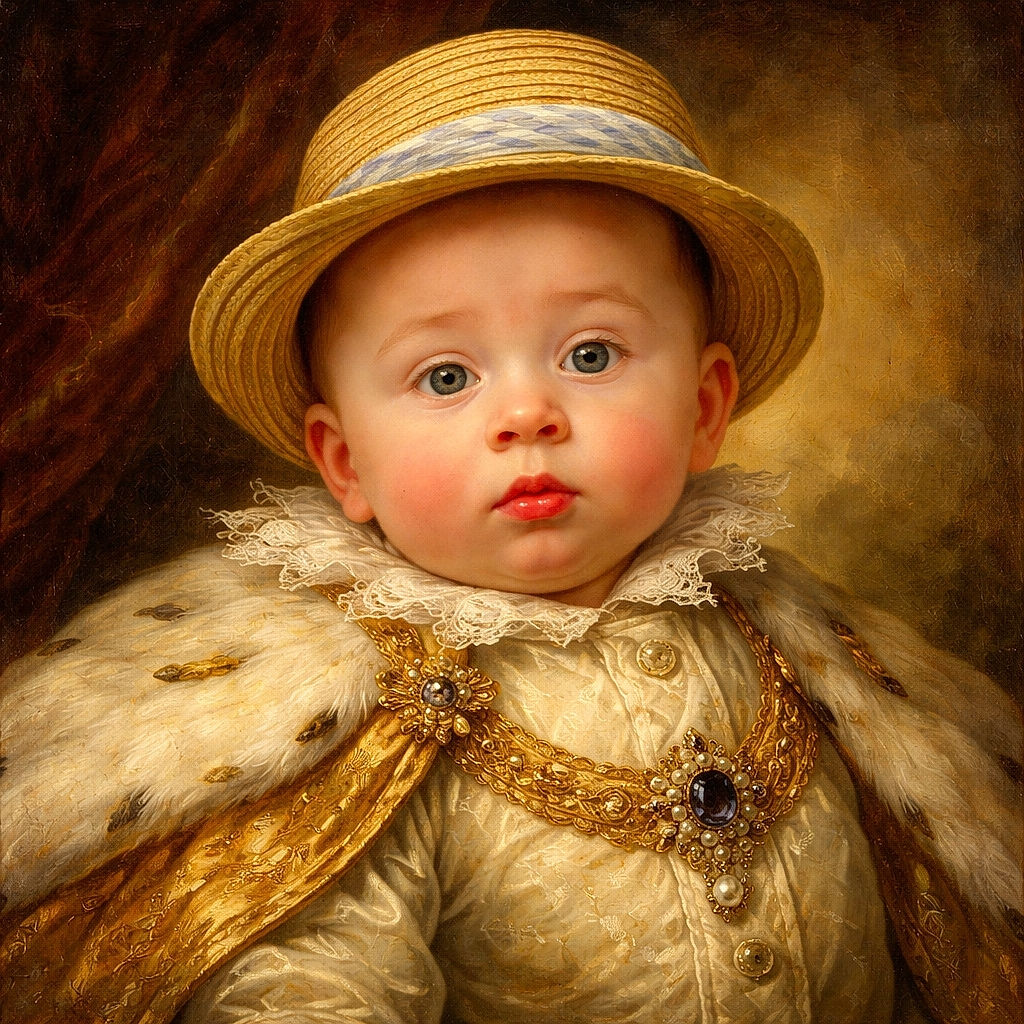 A close-up of a chubby-cheeked baby wearing a straw hat and a white shirt, looking curiously at the camera with a slightly pouty expression, surrounded by warm tones and cozy textures.