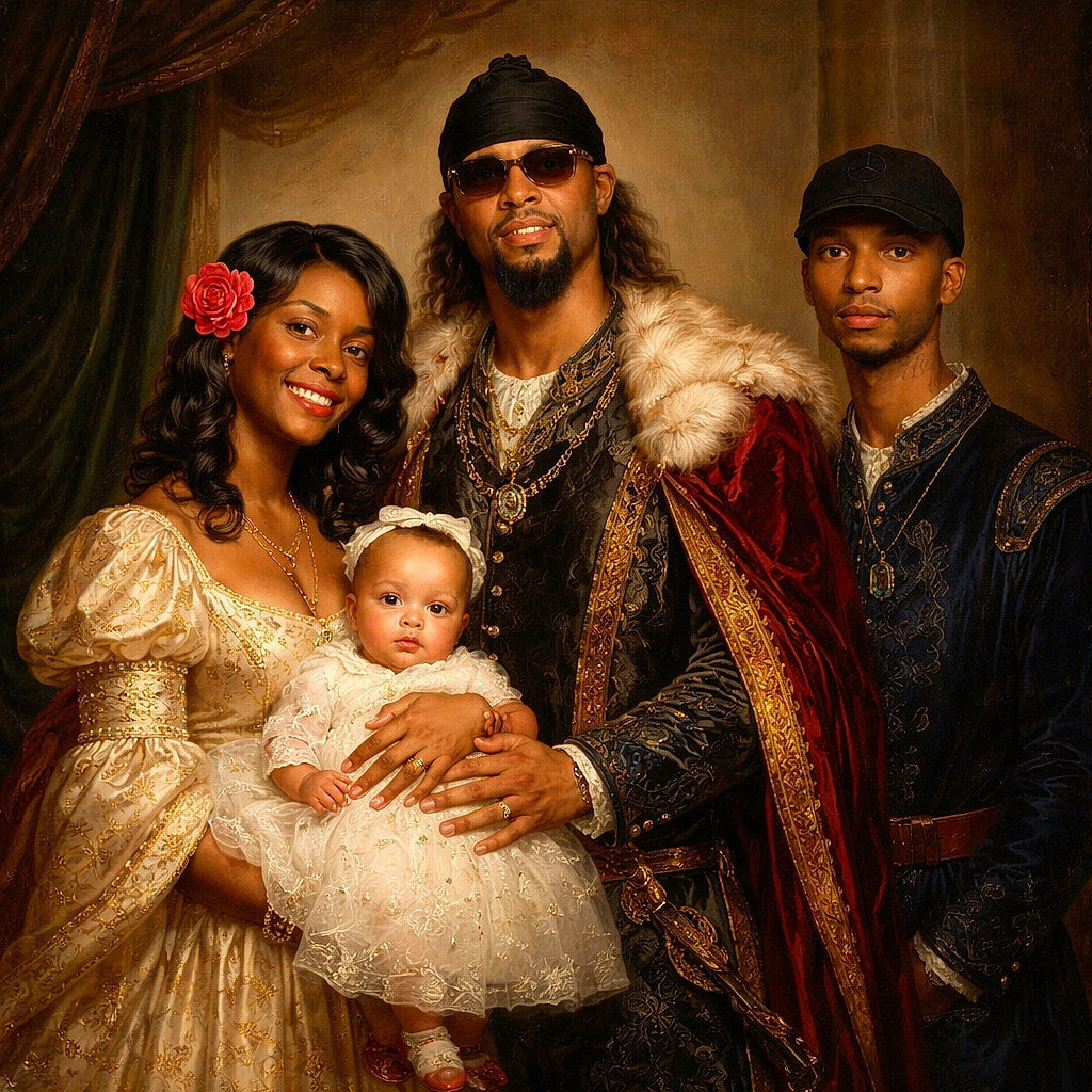 A cheerful family holiday portrait: a smiling woman holds a wide‑eyed baby in a sparkly dress while two men stand behind — one in a festive red sweater and shades, the other in a casual cap and tee. The backdrop is a cozy, ornament‑strewn Christmas scene with garlands, wrapped gifts and plush toys, making the group look like the cover of a joyful seasonal card.