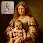 A smiling woman with curly blonde hair is holding a serious-looking baby dressed in pink, standing against a plain beige wall with wooden flooring and a visible power outlet.
