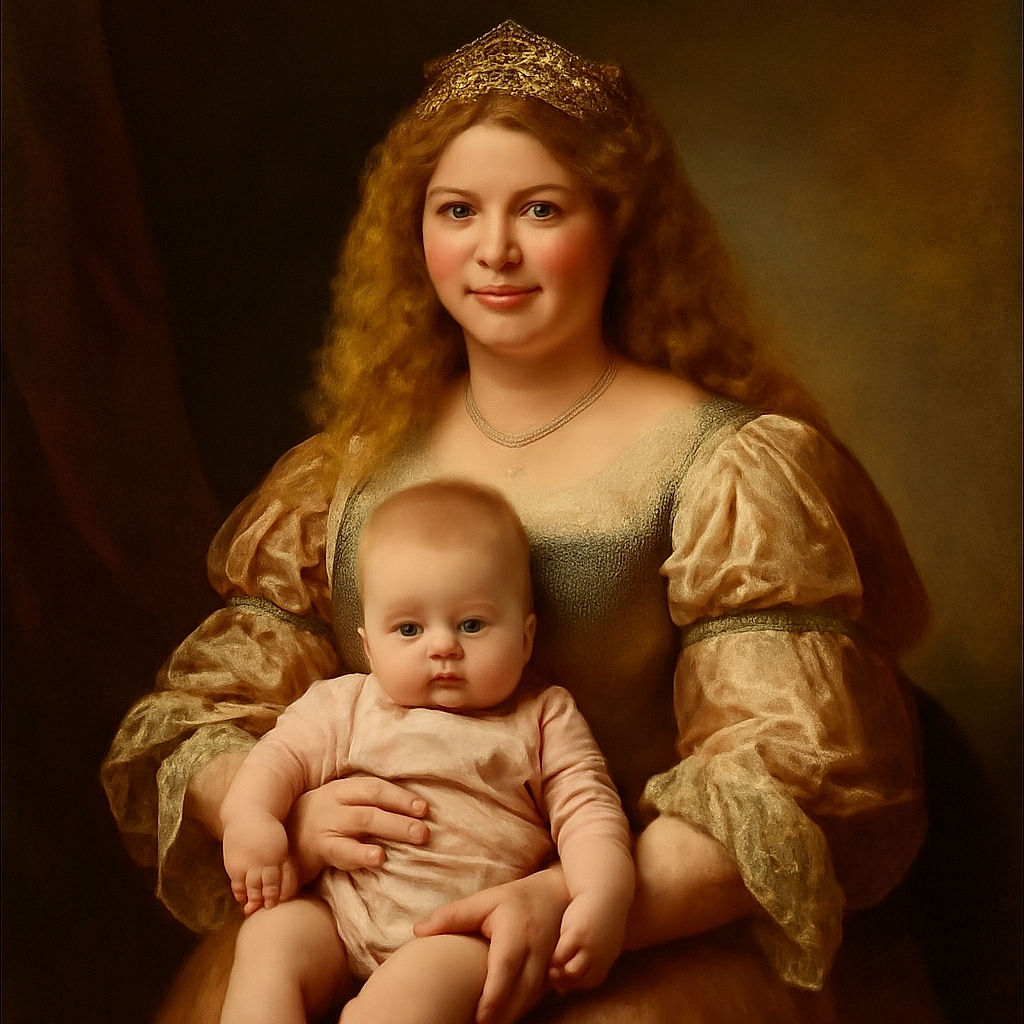 A smiling woman with curly blonde hair is holding a serious-looking baby dressed in pink, standing against a plain beige wall with wooden flooring and a visible power outlet.