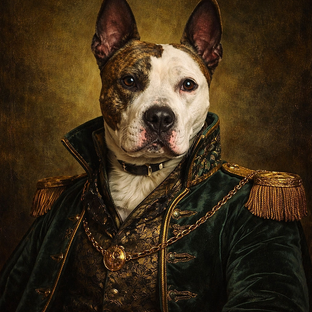 A regal brindle and white dog lounges comfortably on a plush olive-green blanket, gazing thoughtfully with ears perked up against a softly blurred background, showcasing a cozy indoor setting.
