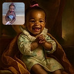 A joyful baby girl sitting on a wooden bench, clapping her hands with a big, infectious smile, wearing a colorful outfit and pink shoes, her hair tied up with a pink bow, radiating pure happiness and charm.