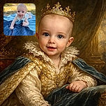 A curious baby with big blue eyes is lying on a cozy blue blanket outdoors, reaching forward with a playful smile, while a sunny park scene blurs softly in the background.