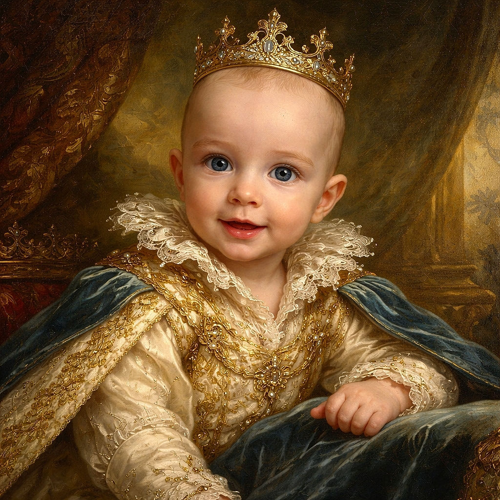 A curious baby with big blue eyes is lying on a cozy blue blanket outdoors, reaching forward with a playful smile, while a sunny park scene blurs softly in the background.