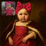 A cute baby with big curious eyes is dressed in a vibrant pink and orange outfit, topped with an oversized pink bow headband, sitting comfortably on a soft couch looking straight at the camera with a gentle expression.