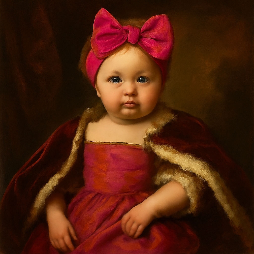 A cute baby with big curious eyes is dressed in a vibrant pink and orange outfit, topped with an oversized pink bow headband, sitting comfortably on a soft couch looking straight at the camera with a gentle expression.