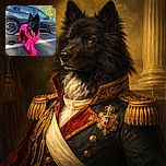 A majestic black dog with heterochromia (one blue eye, one brown eye) sits proudly in a parking lot, draped in a bright pink silky scarf that adds a pop of color against the sleek black car behind it. A bowl of dog food sits nearby, and the sunny day with blooming trees in the background makes for a vibrant, cheerful scene.