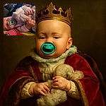 A peaceful baby clutching a fluffy stuffed animal tightly, with a teal pacifier in their mouth, resting comfortably on a colorful surface in a cozy indoor setting.