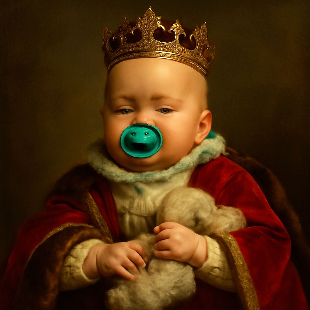 A peaceful baby clutching a fluffy stuffed animal tightly, with a teal pacifier in their mouth, resting comfortably on a colorful surface in a cozy indoor setting.