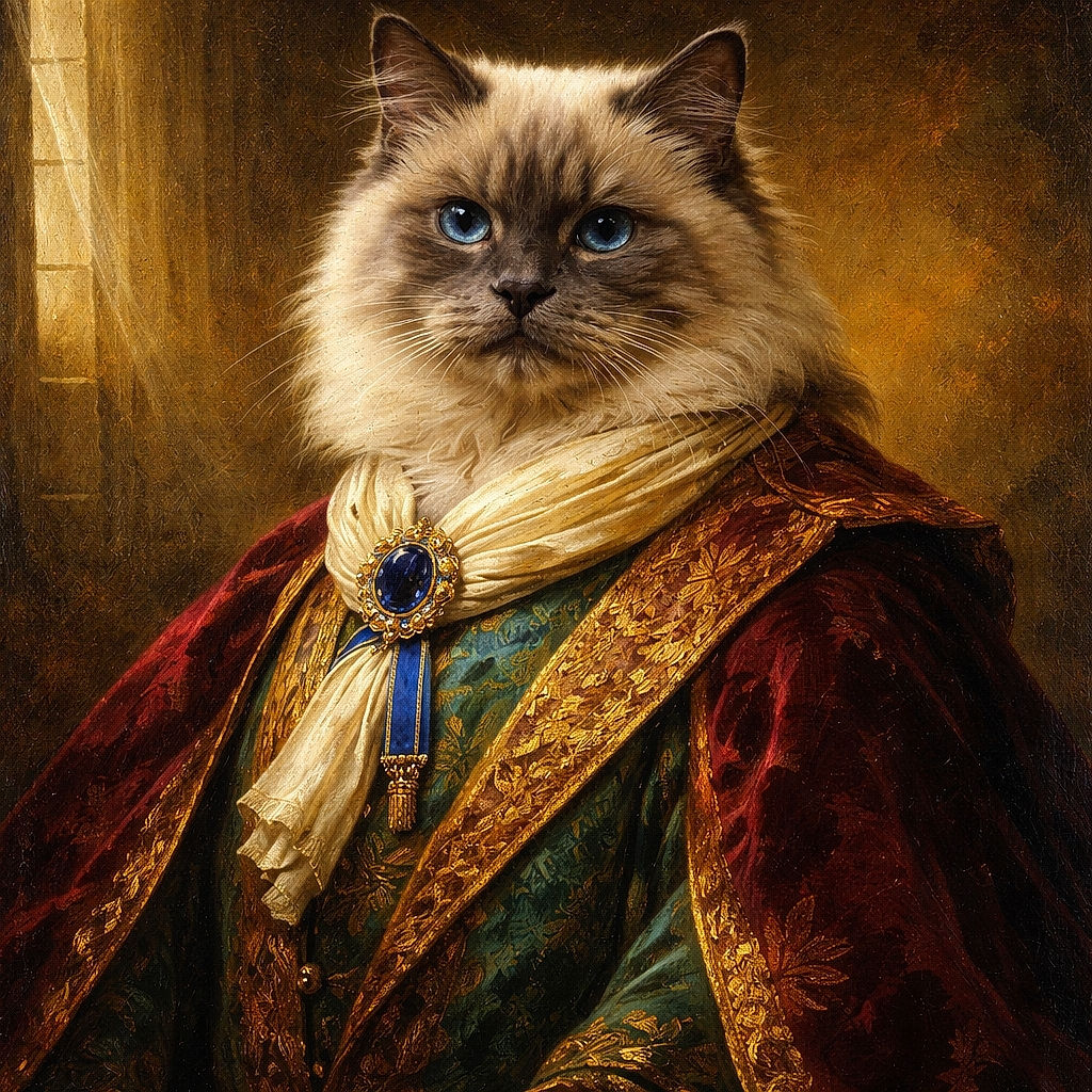 A fluffy cat with striking blue eyes is caught mid-step on a smooth floor, looking curiously at the camera with a slightly blurred background of a yellow wall and red baseboard.