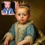 A curious baby girl with bright blue eyes and a large pink flower headband stares wide-eyed at the camera, dressed in a denim shirt with lace details, sitting on a colorful blanket with a soft-focus dark background.