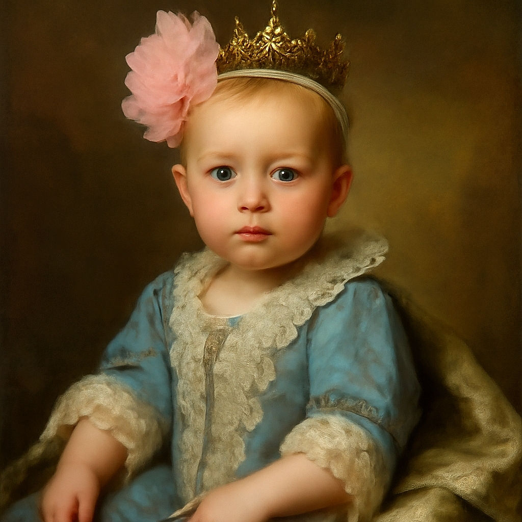 A curious baby girl with bright blue eyes and a large pink flower headband stares wide-eyed at the camera, dressed in a denim shirt with lace details, sitting on a colorful blanket with a soft-focus dark background.