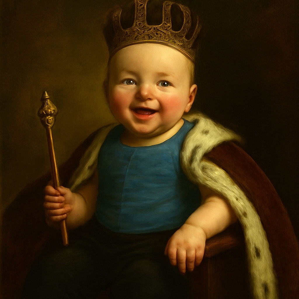 A happy baby lies on a crocheted blanket, wearing a blue sleeveless shirt with a funny slogan and black pants, smiling with an open mouth as if caught mid-laugh.