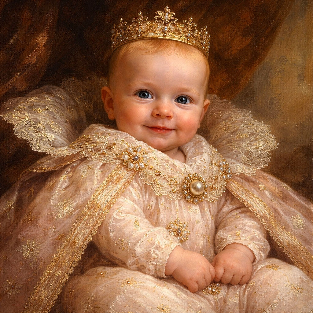 A tiny, grinning newborn bundled in a patterned blanket and a soft onesie, looking like they've just heard the funniest lullaby in the universe. The pacifier clipped to the outfit and the cozy cat-print blanket make this a peak-infant-cuteness moment.