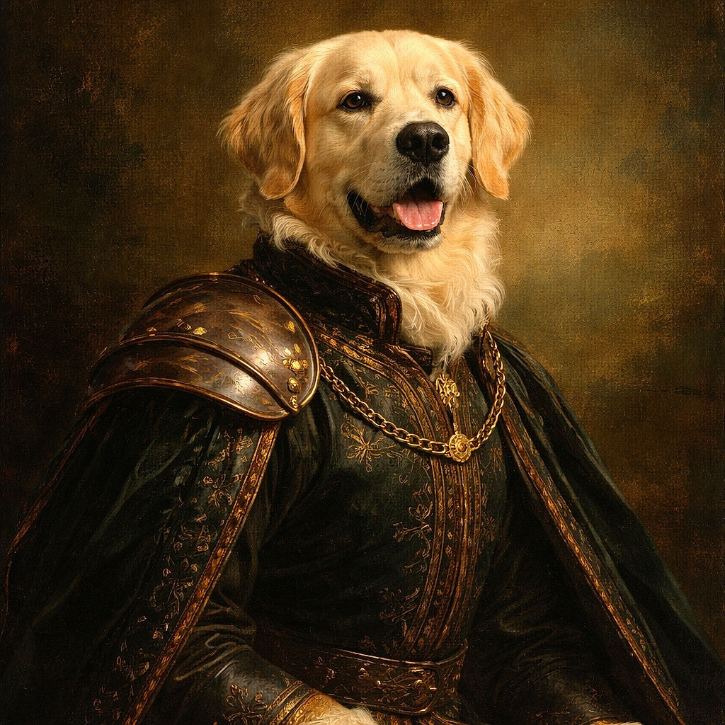 A cheerful golden retriever trots down a sunlit street next to a parked silver car and a modern building. The shadows of the photographer and another person stretch across the textured pavement, while a bright blue sky completes the crisp outdoor scene.