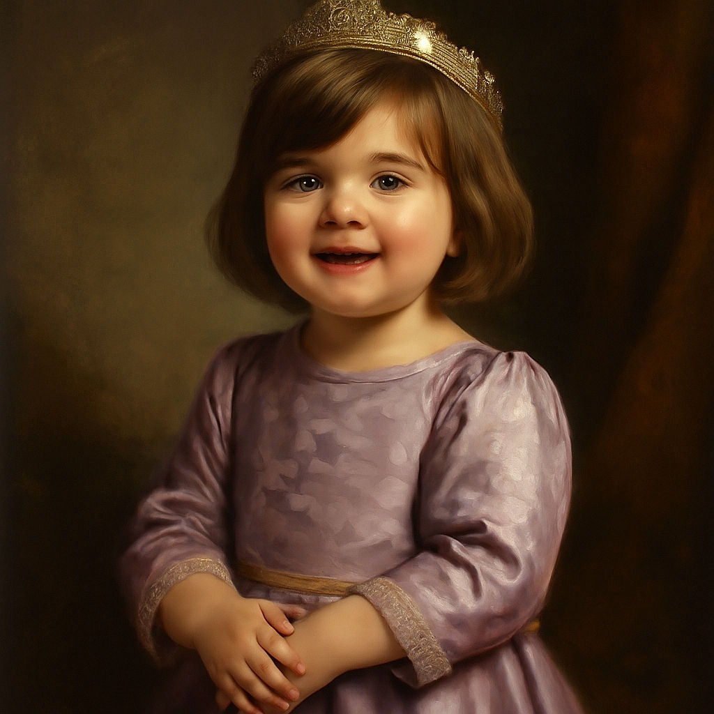 A joyful toddler with a cute bob haircut is caught mid-laugh, wearing a cozy gray sweater adorned with a playful purple cartoon bunny. The background is simple and uncluttered, highlighting the child's expressive face and tiny hands gripping the sweater's design.