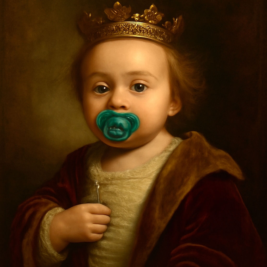 A close-up of a curious baby with a pacifier featuring space-themed designs, wrapped snugly in a dark blanket with purple trim, eyes wide open and hair slightly tousled, giving off a cozy and innocent vibe.