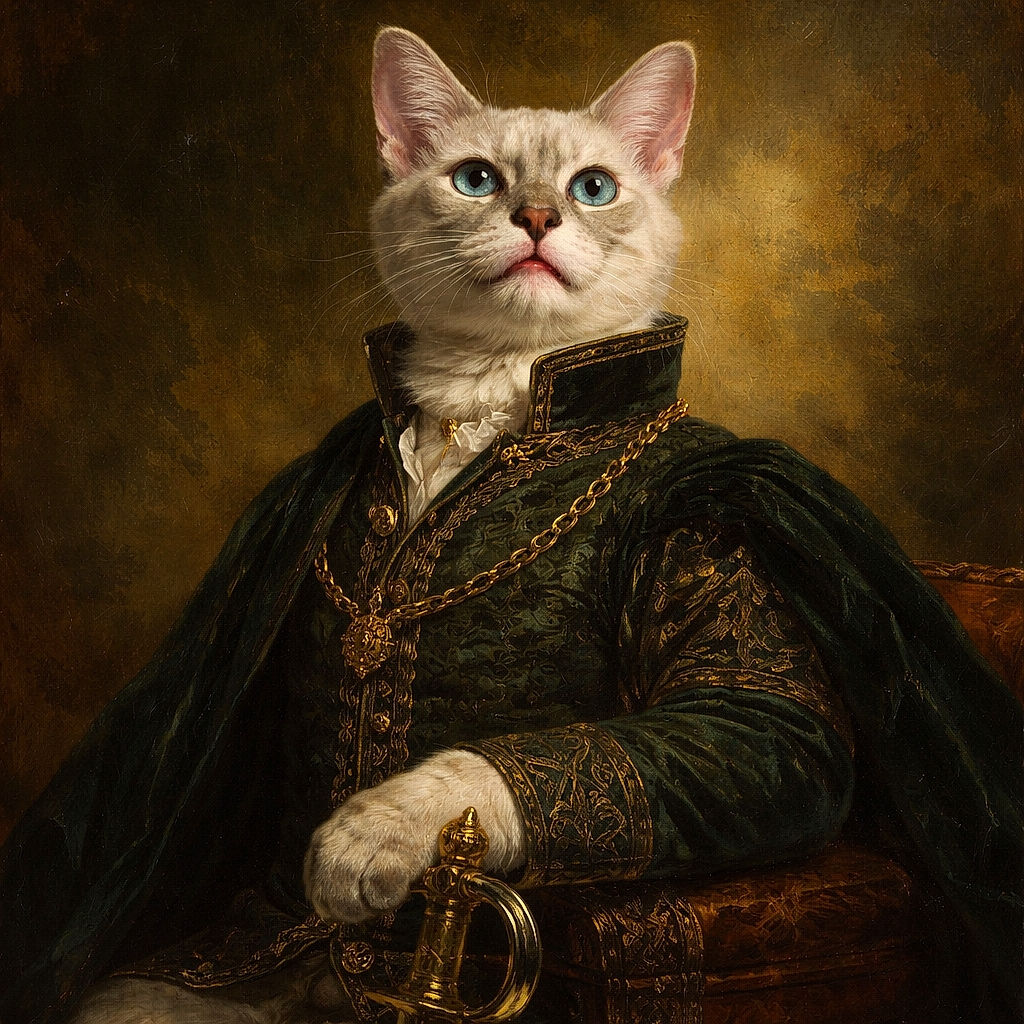 A fluffy light-colored cat lies on its back with an adorably goofy expression, one eye squinting and little teeth peeking out, as if caught mid-yawn or mid-plot for world domination, surrounded by soft fabrics and a cozy setting.