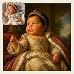 A wide-eyed baby lounges like a tiny fashion icon in a plush seat, sporting a peachy bow headband and leafy outfit while a floppy bunny plush acts as the official blanket bodyguard.
