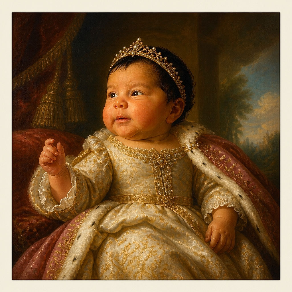 A wide-eyed baby lounges like a tiny fashion icon in a plush seat, sporting a peachy bow headband and leafy outfit while a floppy bunny plush acts as the official blanket bodyguard.
