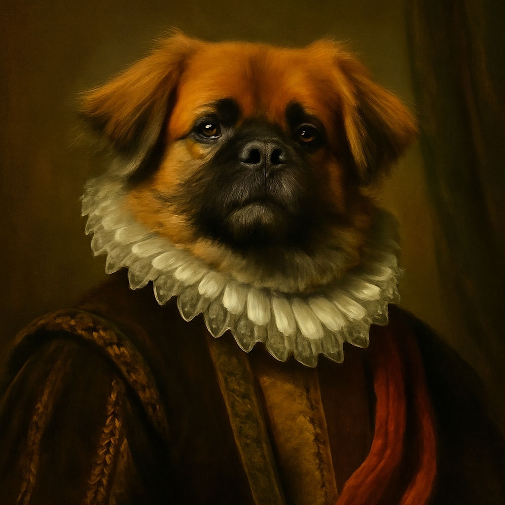 A fluffy dog lounges comfortably on a cozy gray quilted sofa, gripping a bright blue spiky toy with its paw, surrounded by soft cushions and a fuzzy white pillow, looking relaxed and slightly curious.