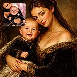 A glowing baby with a joyful smile is cradled lovingly by a woman who is planting a gentle kiss on the baby's head. Both are dressed in black, matching delicate necklaces, and the background sparkles with soft pink bokeh and lens flare effects, creating a warm and magical atmosphere.