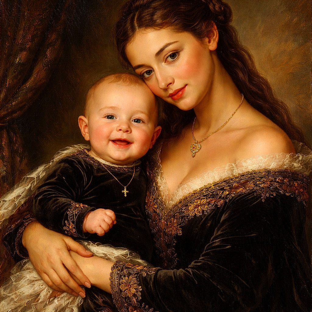 A glowing baby with a joyful smile is cradled lovingly by a woman who is planting a gentle kiss on the baby's head. Both are dressed in black, matching delicate necklaces, and the background sparkles with soft pink bokeh and lens flare effects, creating a warm and magical atmosphere.