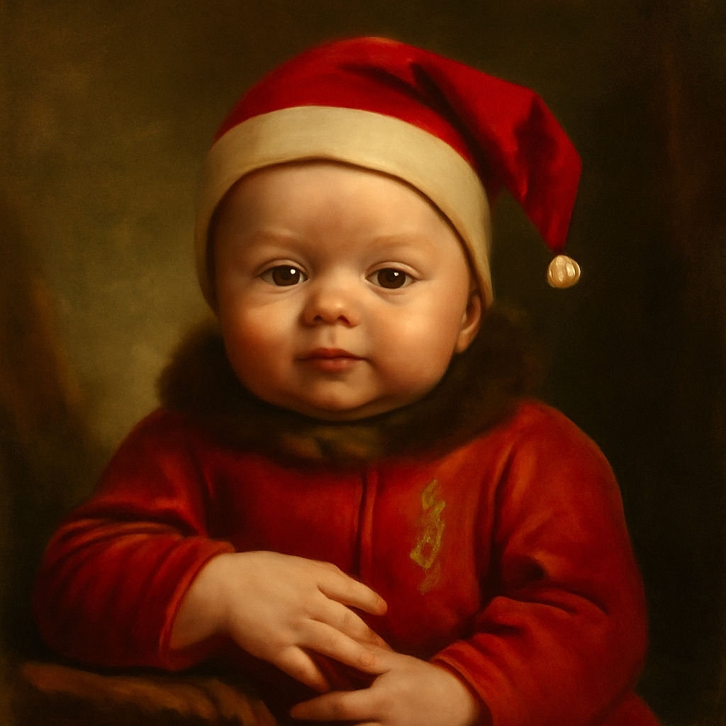 A chubby-cheeked baby dressed in a festive red outfit and Santa hat lies comfortably on a blanket, looking slightly amused and curious with hands playfully touching each other.