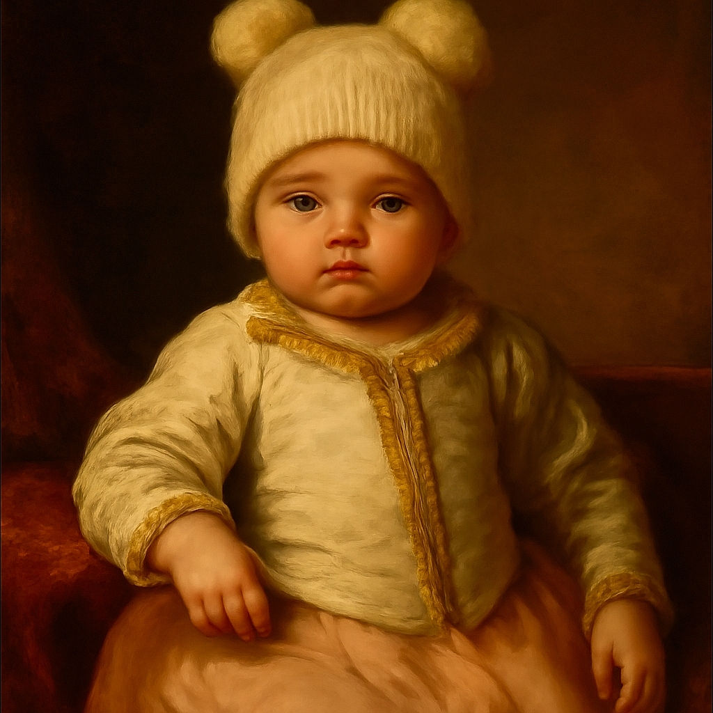 A cozy baby bundled up in a fluffy white jacket and a cute knit hat with pom-poms, lying down with arms spread wide, looking adorably serene and ready for a winter nap.