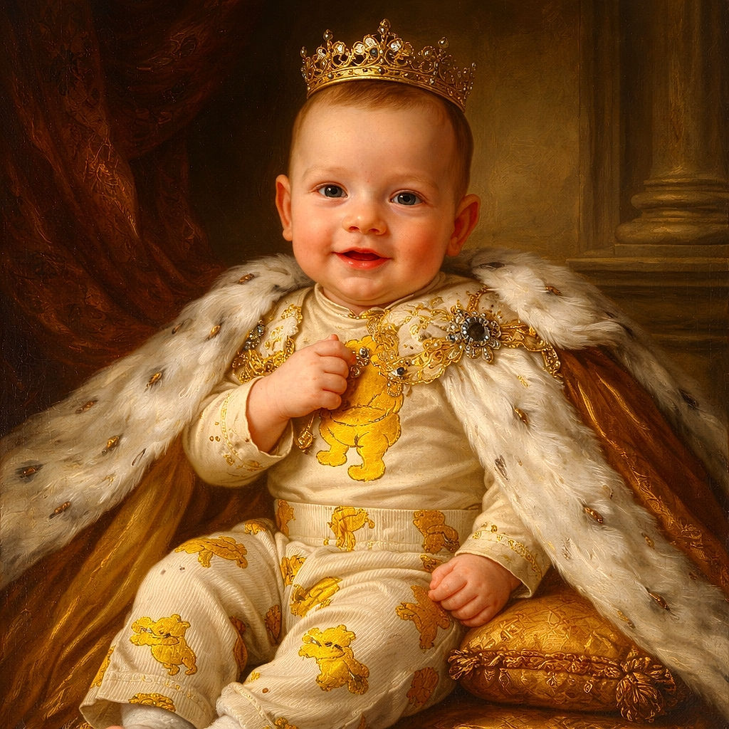 A cheerful baby lounges comfortably in a plush beige baby seat adorned with Winnie the Pooh designs, wearing matching Pooh-themed clothes and a single white sock, flashing a cute smile that could melt any heart.