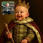 A joyful baby boy is sitting on a couch with arms wide open, wearing a checkered shirt and jeans, holding a blue ball, and flashing a big smile that could brighten anyone's day.