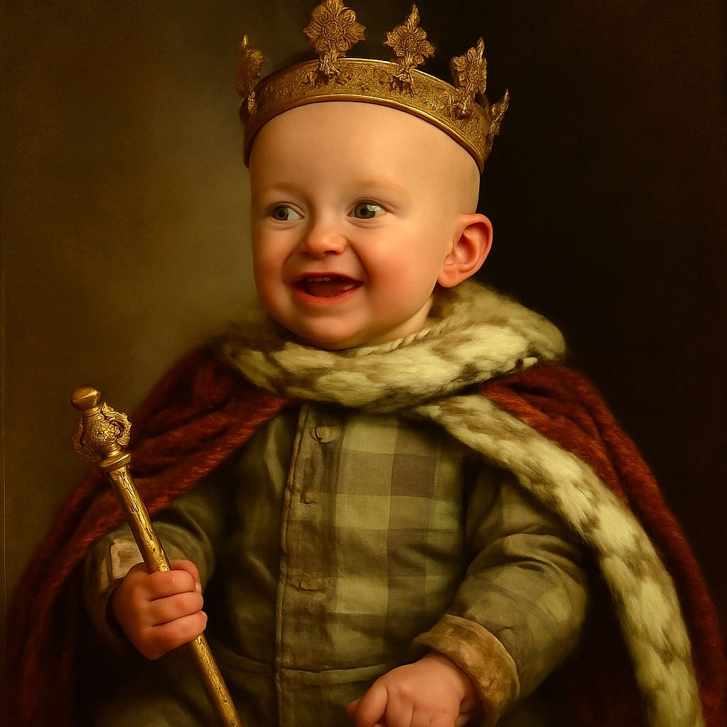 A joyful baby boy is sitting on a couch with arms wide open, wearing a checkered shirt and jeans, holding a blue ball, and flashing a big smile that could brighten anyone's day.