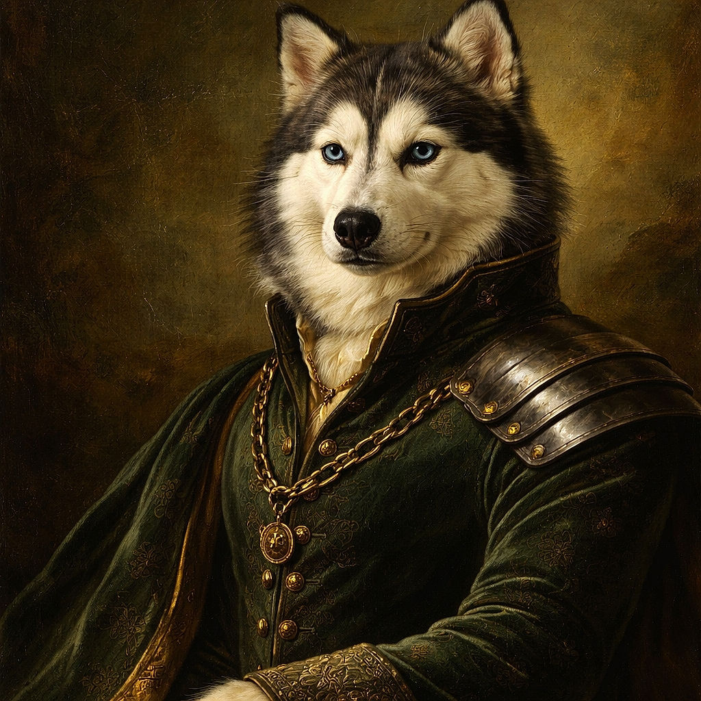 A majestic blue‑eyed husky gives the world a very dignified side‑eye while being gently squished by a human hand — equal parts regal and annoyed, surrounded by blankets and plush toys.