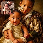 Two adorable kids snuggle up on a cozy couch, with the older sibling gently holding the baby who looks curious and happy. The older child has a patch on their cheek, adding a touch of character to this warm and intimate moment.