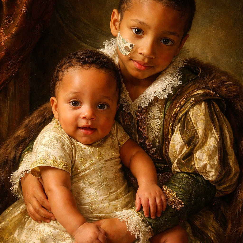 Two adorable kids snuggle up on a cozy couch, with the older sibling gently holding the baby who looks curious and happy. The older child has a patch on their cheek, adding a touch of character to this warm and intimate moment.