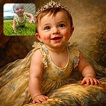 A smiling baby in a yellow outfit is crawling eagerly on lush green grass beside a brick wall, with a bright cloudy sky in the background adding a soft glow to the scene.