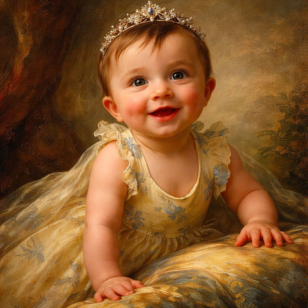 A smiling baby in a yellow outfit is crawling eagerly on lush green grass beside a brick wall, with a bright cloudy sky in the background adding a soft glow to the scene.
