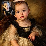 A wide-eyed toddler with a delicate bow on her head gazes curiously at the camera, sitting comfortably on a soft couch with warm lighting that highlights her innocent expression and rosy cheeks.