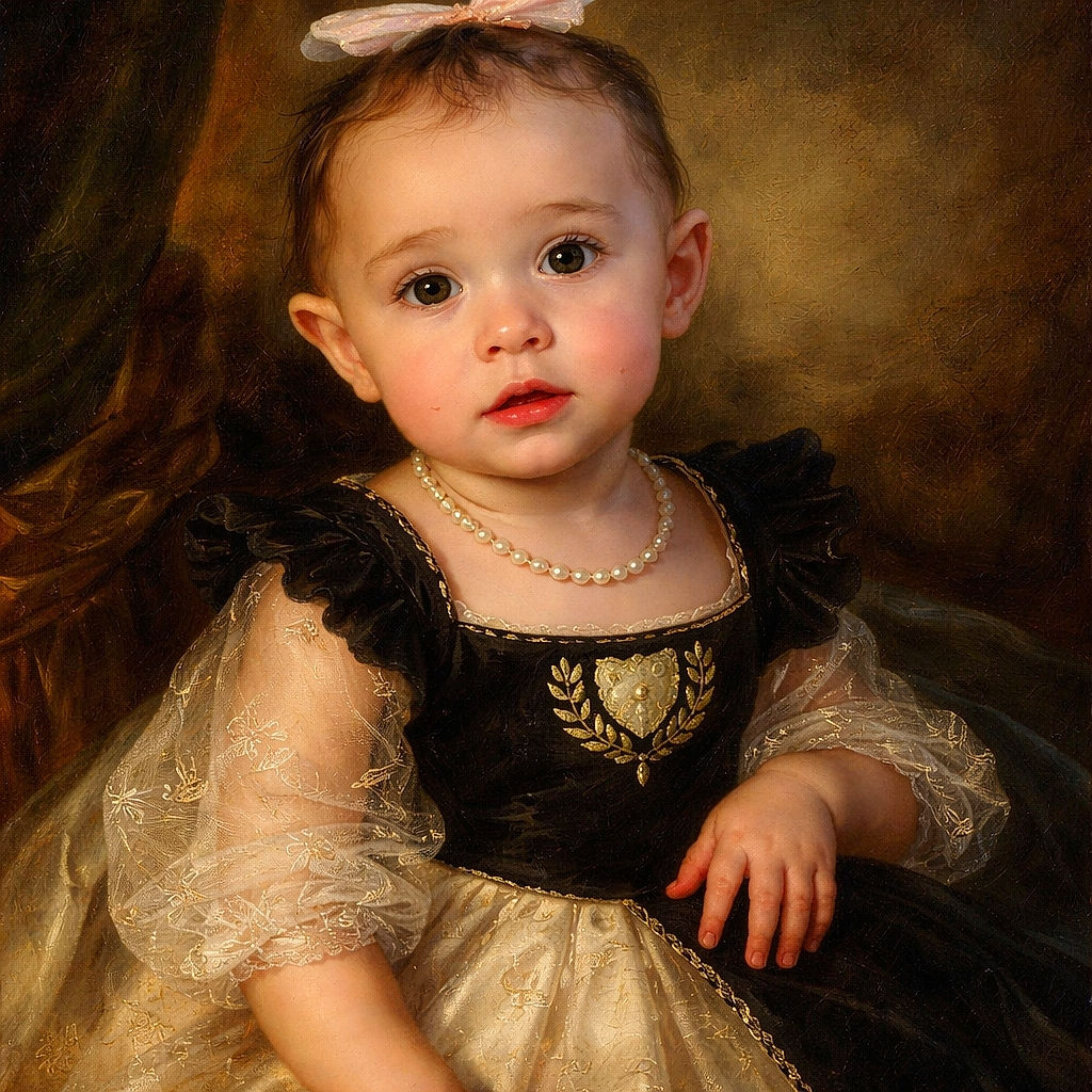 A wide-eyed toddler with a delicate bow on her head gazes curiously at the camera, sitting comfortably on a soft couch with warm lighting that highlights her innocent expression and rosy cheeks.