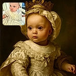 A curious baby dressed in a fancy white gown and bonnet looks off to the side, with big round eyes and a slightly puckered mouth, sitting indoors with soft light illuminating the delicate lace details on the outfit.