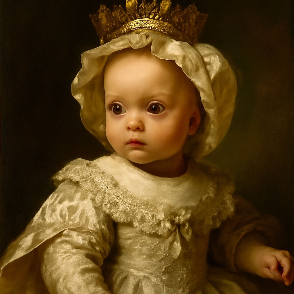 A curious baby dressed in a fancy white gown and bonnet looks off to the side, with big round eyes and a slightly puckered mouth, sitting indoors with soft light illuminating the delicate lace details on the outfit.